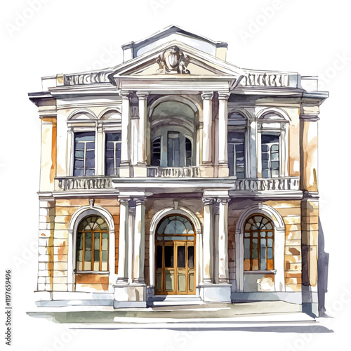 A watercolor drawing of a historic building with classical architecture, isolated on a white background. Classical architecture vector.
