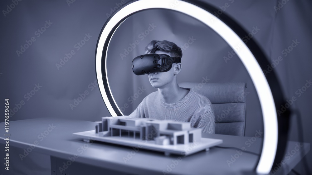Naklejka premium Architecture student immersed in VR architectural model in studio htmlentities