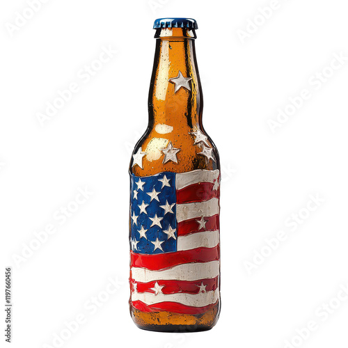 Patriotic beer bottle featuring an American flag design, perfect for celebrations and outdoor gatherings, A patriotic beer bottle with an American flag design, transparent background. photo