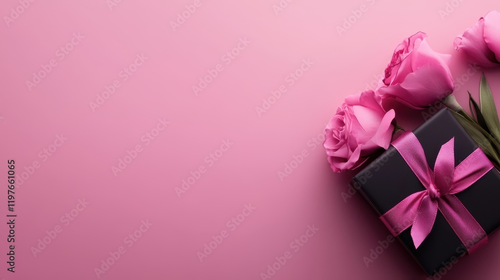 A charming black box adorned with delicate pink flowers and a soft pink ribbon, perfect for expressing love on Valentine's Day. A charming black box adorned with delicate pink flowers and a soft pink ribbon, perfect for expressing love on Valentine's Day.