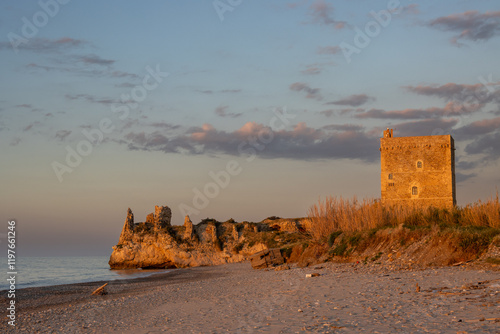 Beach with a historical building, Sicily, Italy