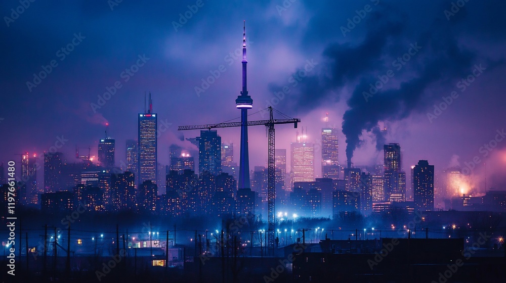 Night cityscape with smoke, tower, and construction crane. Night cityscape with smoke, tower, and construction crane.