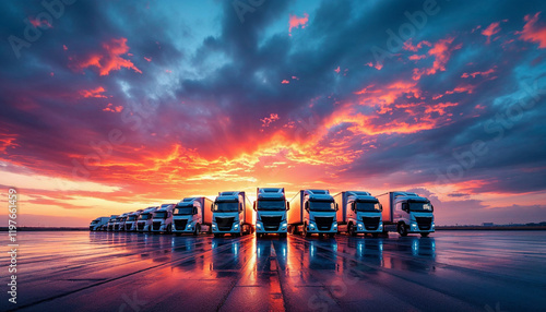 Fleet of white cargo trucks on wet tarmac with dramatic sunset background.

 photo