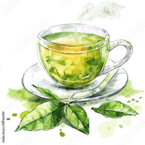 A watercolor drawing of a cup of green tea, isolated on a white background. Green tea vector.
