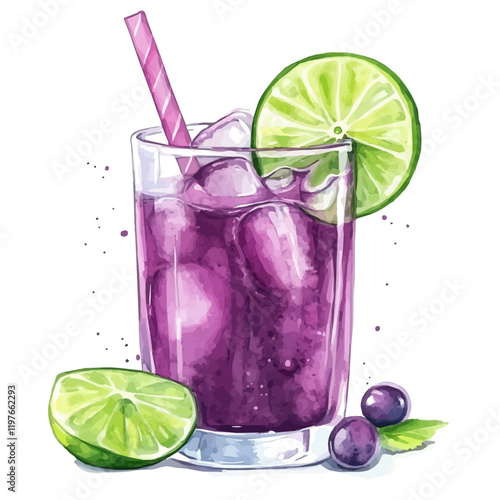 A watercolor drawing of a glass of grape lime juice, isolated on a white background. Grape lime juice vector.
