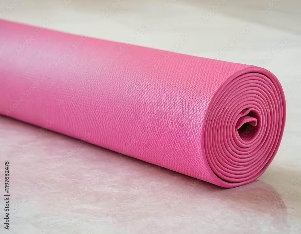 A vibrant pink yoga mat rolled up, ready for exercise or meditation. A vibrant pink yoga mat rolled up, ready for exercise or meditation.