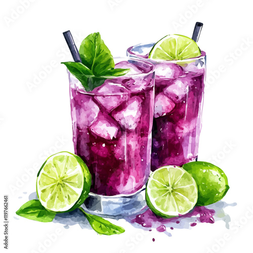 A watercolor drawing of a glass of grape lime juice, isolated on a white background. Grape lime juice vector.
