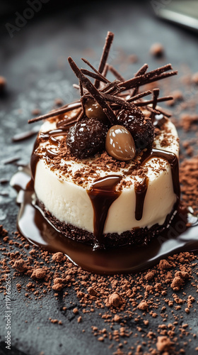 Decadent chocolate drizzled cheesecake with cocoa garnish on rustic table photo