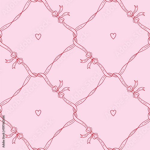 Seamless pattern with satin bow knots, gift ribbons in checkered composition. Trendy hair braiding accessory style. Hand drawn linear vector illustration. Valentine s day coquette background.