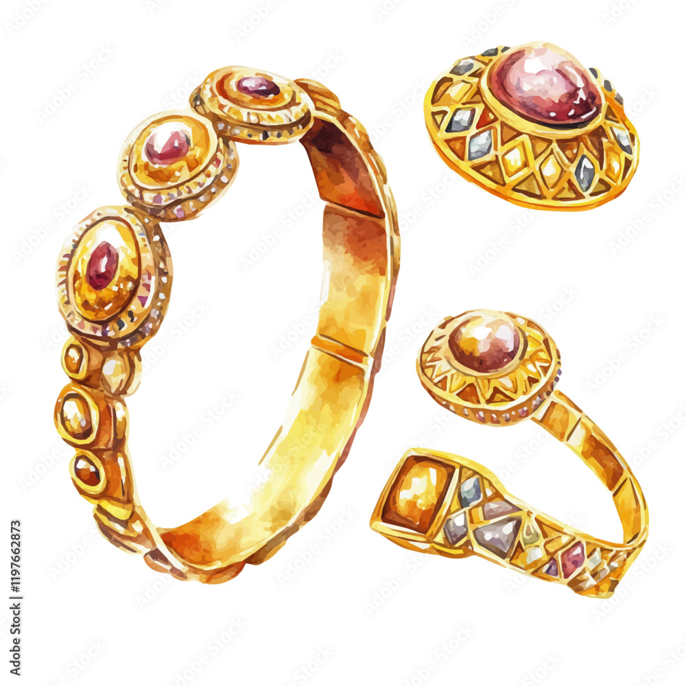A watercolor clipart of a golden bracelet and ring set, isolated on a white background. Golden bracelet and ring set vector.
A watercolor clipart of a golden bracelet and ring set, isolated on a white background. Golden bracelet and ring set vector.
