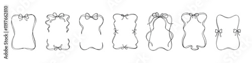 Set of aesthetic ribbon scroll rectangle frames. Cute line doodle scribble, squiggle drawings. Coquettish girly elegant style. Vedding, Christmas, valentines day, bachelorette party, menu design