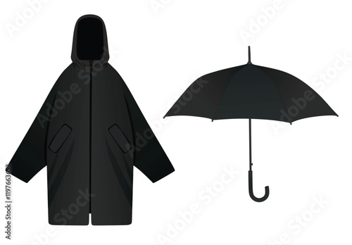 Black  rain coat and umbrella. vector illustration