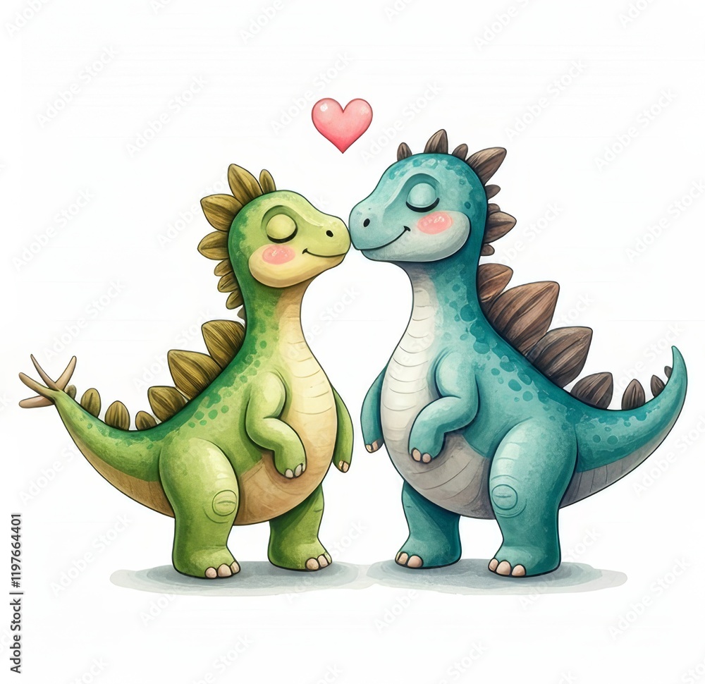 Obraz premium Dino Love Kiss - Adorable cartoon dinosaurs sharing a tender kiss, symbolizing love, affection, innocence, friendship, and joy. Perfect for children's books, cards, or prints.