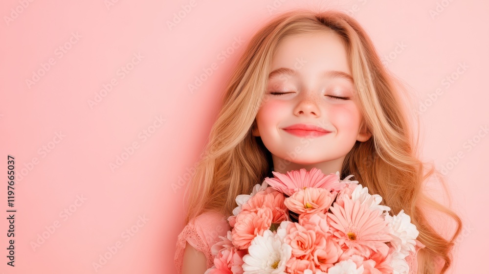 A blissful blond girl with closed eyes embraces a vibrant bouquet of flowers, radiating love and joy, perfect for a romantic Valentine's Day. A blissful blond girl with closed eyes embraces a vibrant bouquet of flowers, radiating love and joy, perfect for a romantic Valentine's Day.