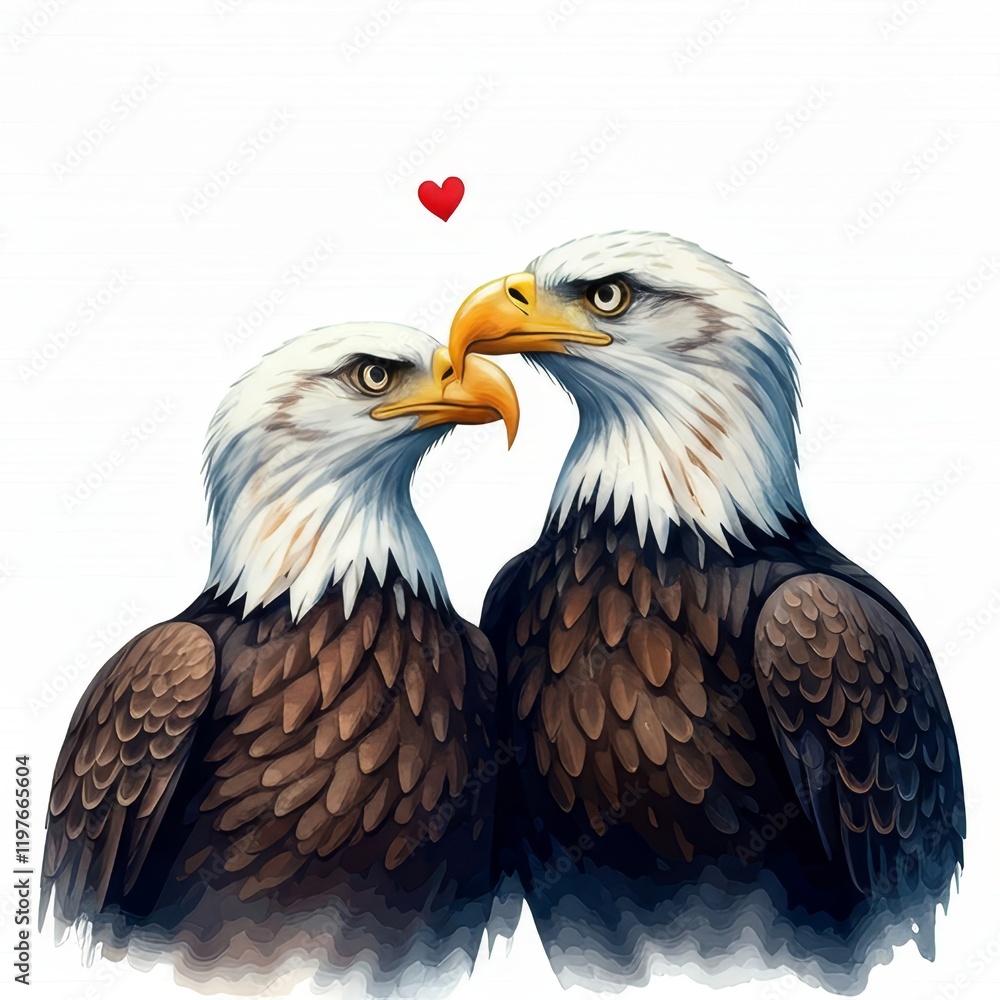 Majestic Eagle Couple in Love - Two bald eagles, symbols of freedom, power, and loyalty, share a tender moment, embodying love and partnership. A heart above them adds to the romantic ambiance. The i Majestic Eagle Couple in Love - Two bald eagles, symbols of freedom, power, and loyalty, share a tender moment, embodying love and partnership. A heart above them adds to the romantic ambiance. The i