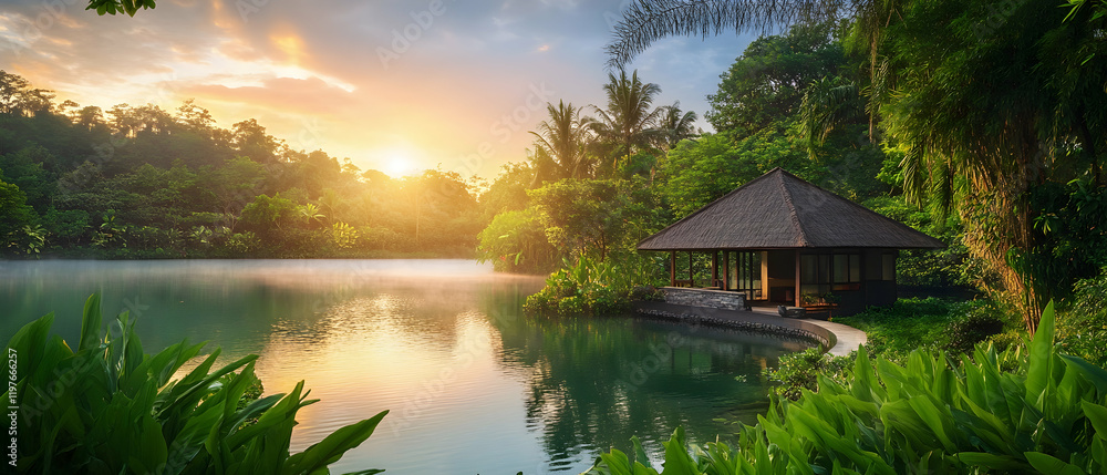 Fototapeta premium Eco-friendly bungalow by a tranquil lake surrounded by lush greenery at sunrise -