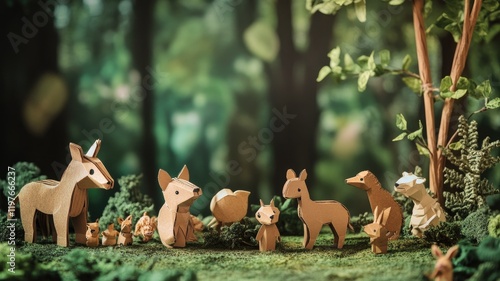 Variety of intricately crafted animal figurines made from paper are displayed in lush forest setting photo