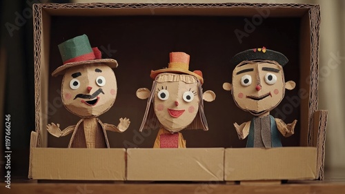 Three cardboard puppets wearing colorful hats and clothes standing in box theater