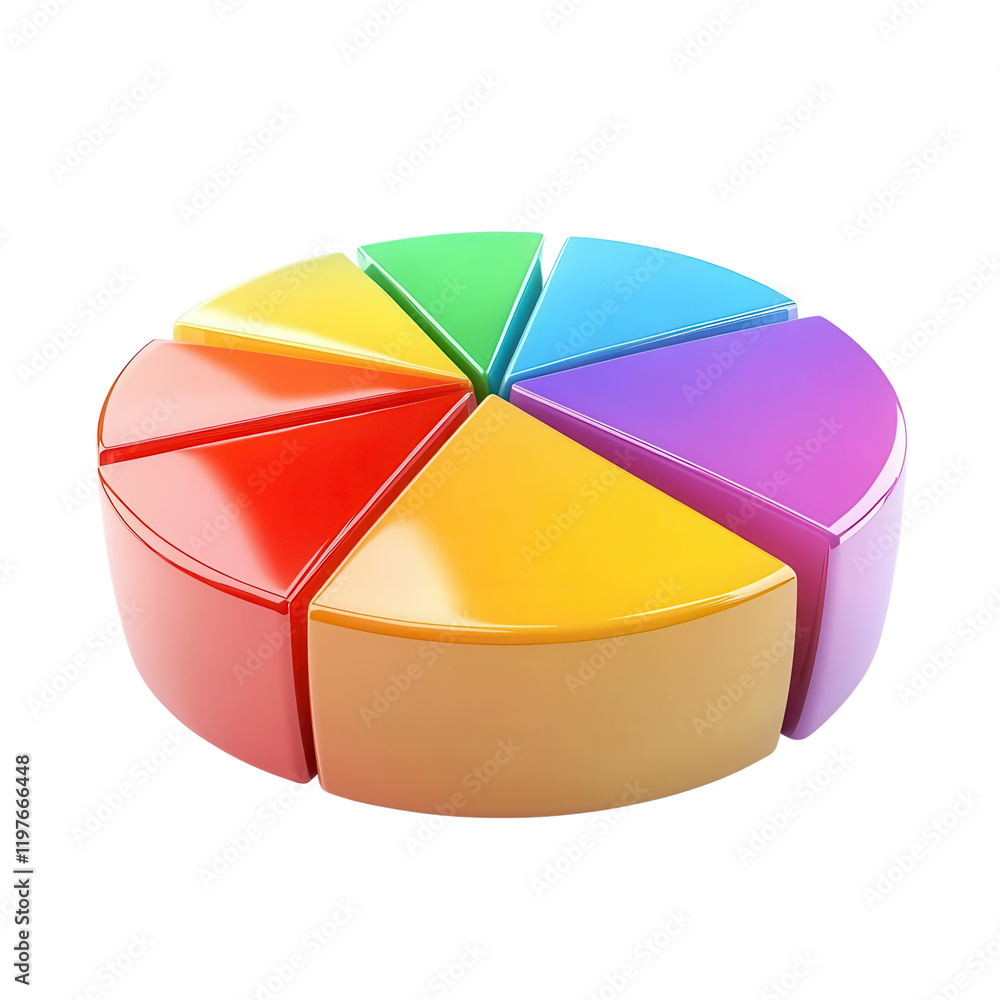 Obraz premium Vibrant pie chart representing data segments in various colors, ideal for presentations and infographics.