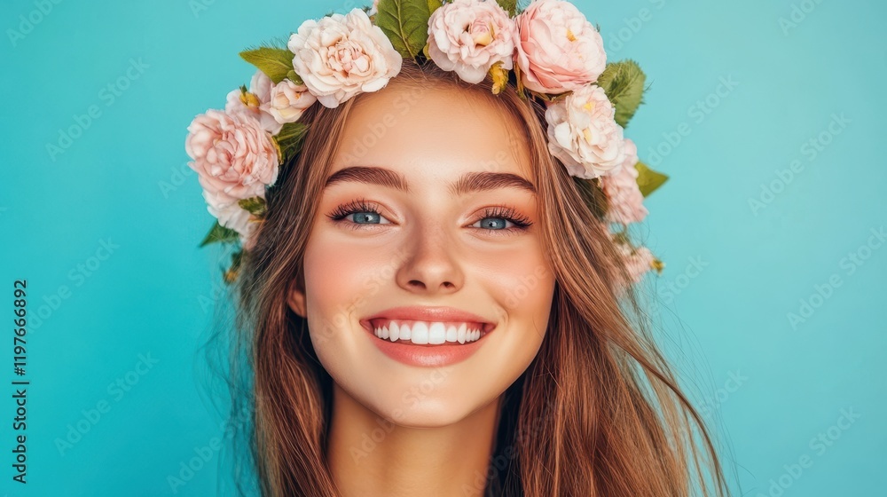 A radiant woman adorned with a vibrant flower crown beams joyfully at the camera, embodying the spirit of love and celebration on Valentine's Day. A radiant woman adorned with a vibrant flower crown beams joyfully at the camera, embodying the spirit of love and celebration on Valentine's Day.