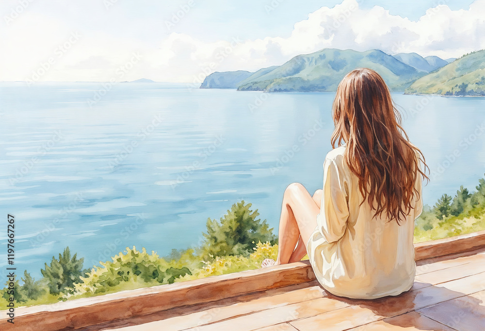 Fototapeta premium Young girl sitting on wooden deck looking at calm landscape with sea and mountains in sun