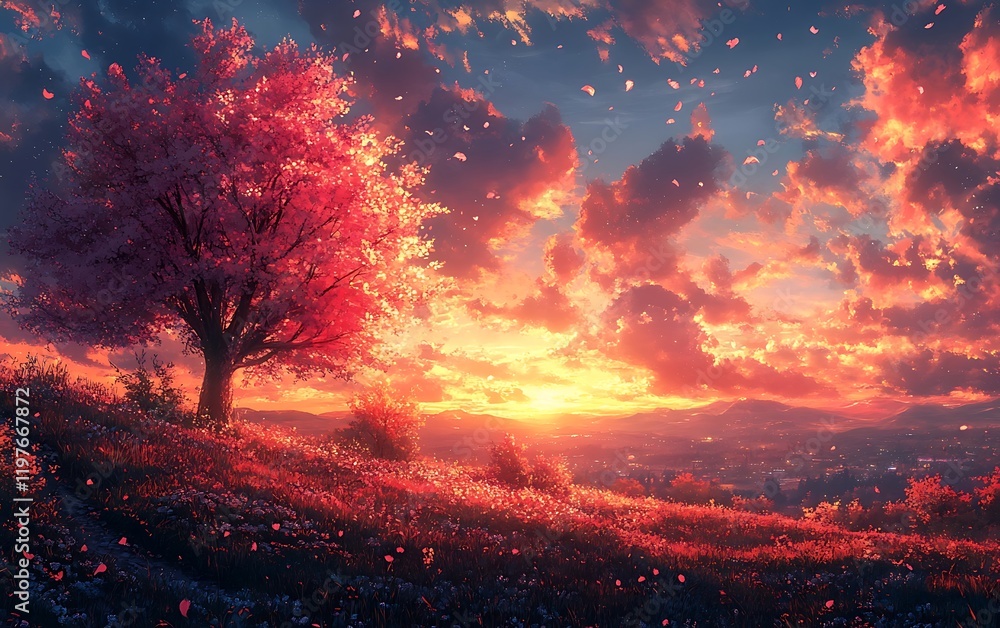 Fototapeta premium Tranquil Cherry Blossom Valley Sunset