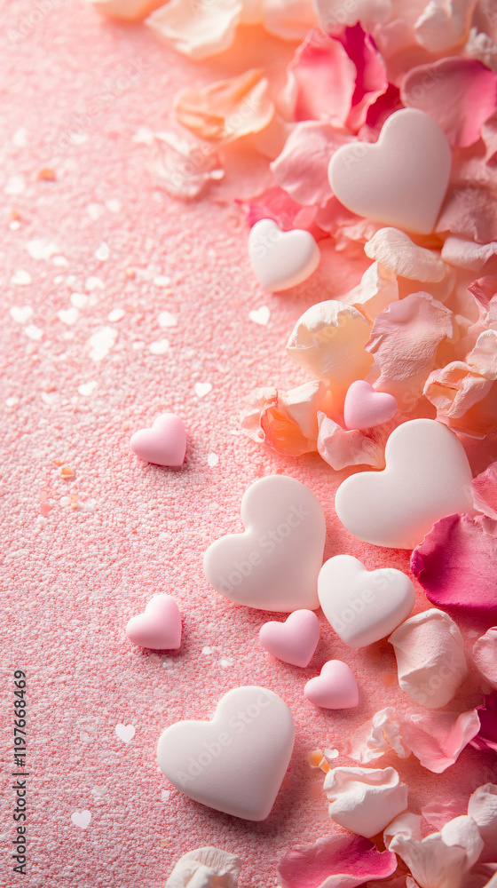Fototapeta premium Sweet Valentine's Day vertical greeting card template with empty copy space with a delicate pink and white gradient, decorated with small candy hearts and rose petals