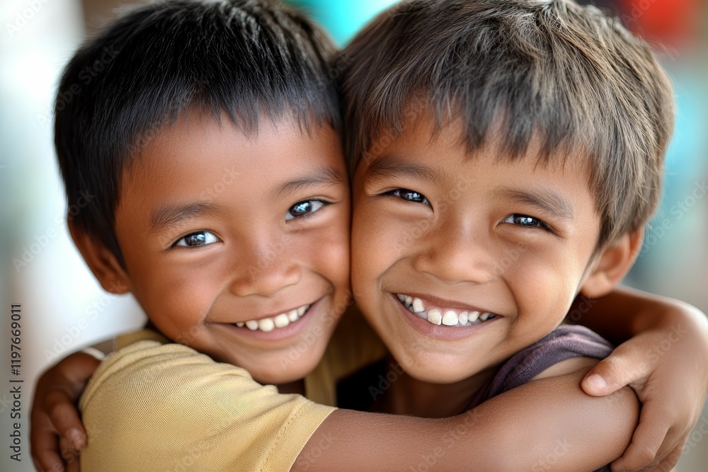 Smiling boys embracing, joyful, tender moment. Smiling boys embracing, joyful, tender moment.