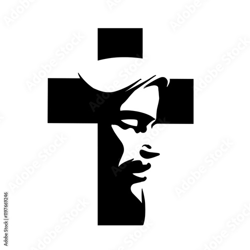 Jesus Face with Cross Silhouette Vector Illustration