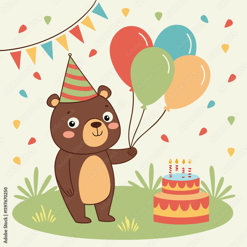 Obraz premium Adorable cartoon bear holding colorful balloons at a lively birthday party, perfect for kids' designs and celebrations.