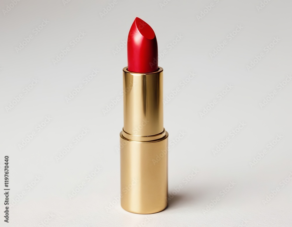 A bold red lipstick stands elegantly in a gold casing, perfect for any glamorous look. A bold red lipstick stands elegantly in a gold casing, perfect for any glamorous look.
