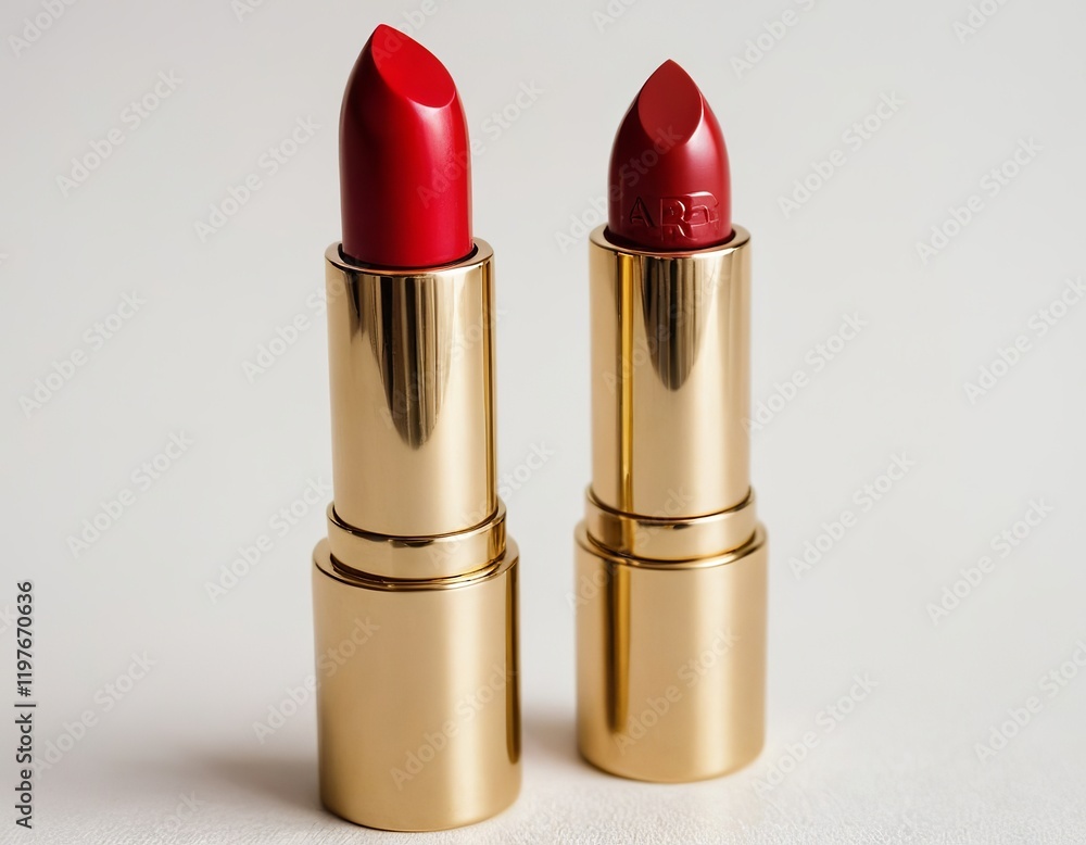 Two classic red lipsticks in elegant gold packaging, perfect for a glamorous makeup look. Two classic red lipsticks in elegant gold packaging, perfect for a glamorous makeup look.