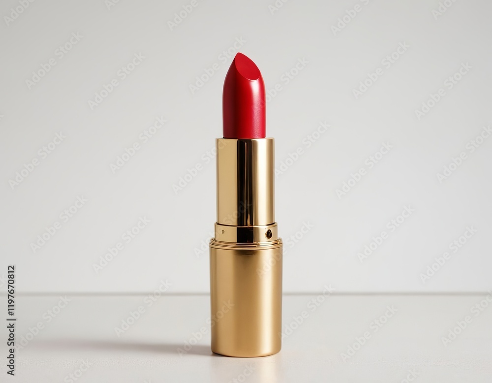 Elegant red lipstick in a gold tube, showcasing vibrant color for a glamorous look. Elegant red lipstick in a gold tube, showcasing vibrant color for a glamorous look.