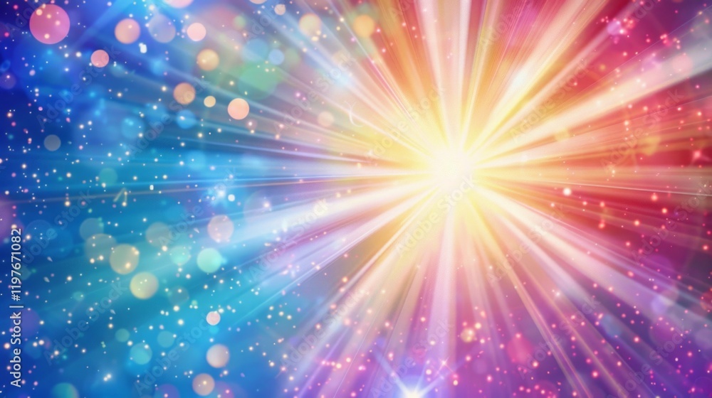 Naklejka premium Bright light and multicolored highlights create an atmosphere of festivity and joy. Suitable for Christmas cards, fireworks advertising and light shows.