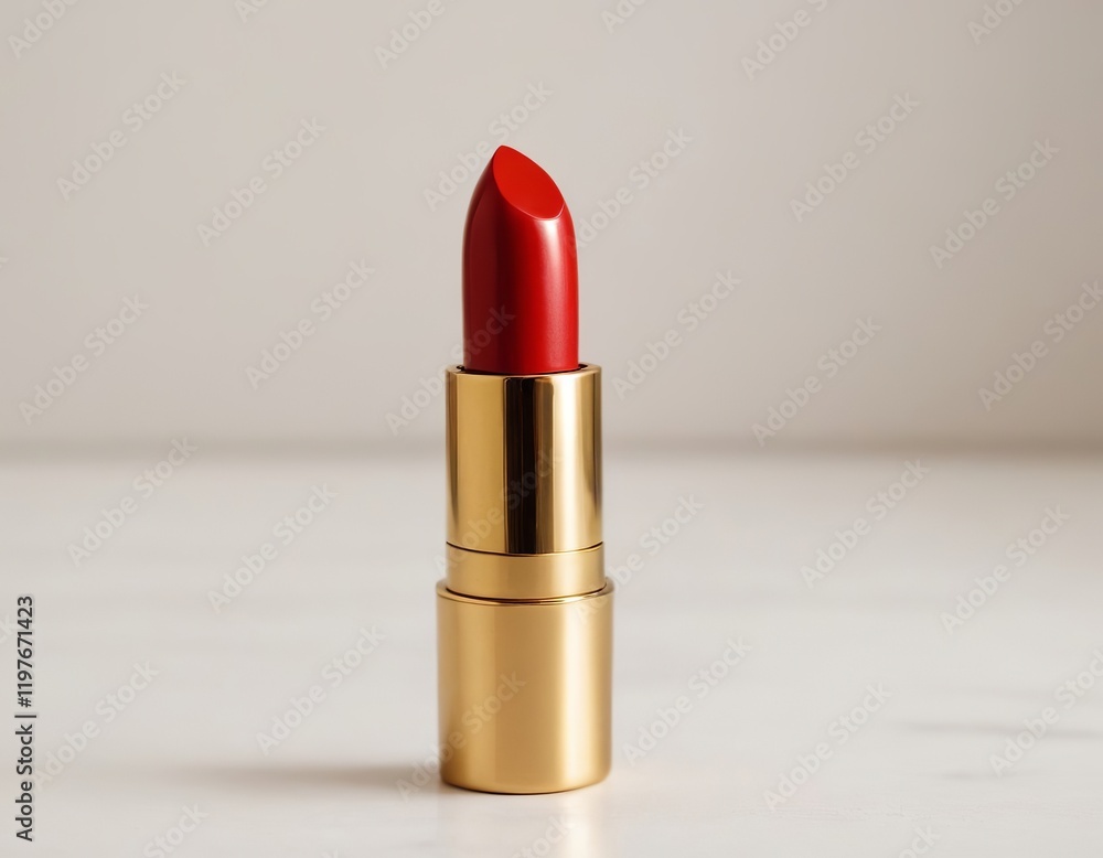 A vibrant red lipstick in a sleek gold tube, representing elegance and beauty. A vibrant red lipstick in a sleek gold tube, representing elegance and beauty.