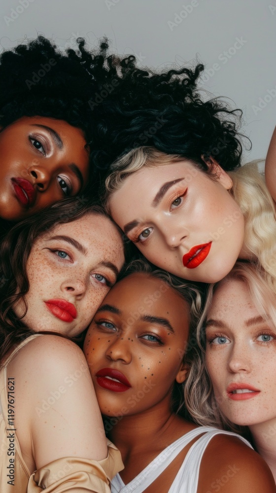 Obraz premium Bright portrait of a group of young women with different types of appearance and makeup. Suitable for advertising cosmetics, fashion blogs and social networks dedicated to beauty and style.