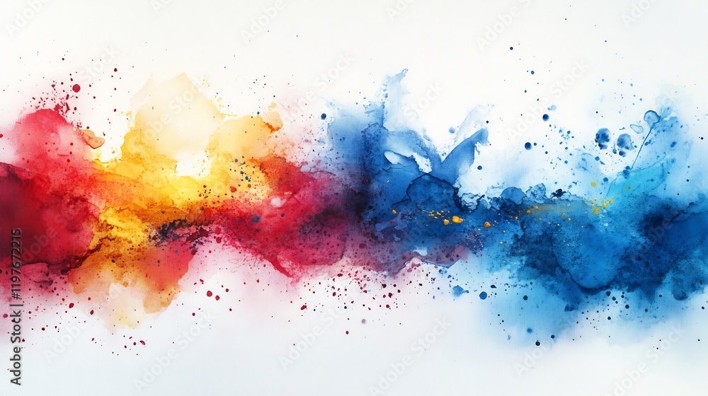 Fototapeta premium Vibrant watercolor abstract art dynamically blends red yellow blue hues. AI Generated