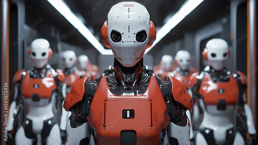 A futuristic scene featuring humanoid robots in orange and white, lined up in a corridor, showcasing advanced technology and design. A futuristic scene featuring humanoid robots in orange and white, lined up in a corridor, showcasing advanced technology and design.