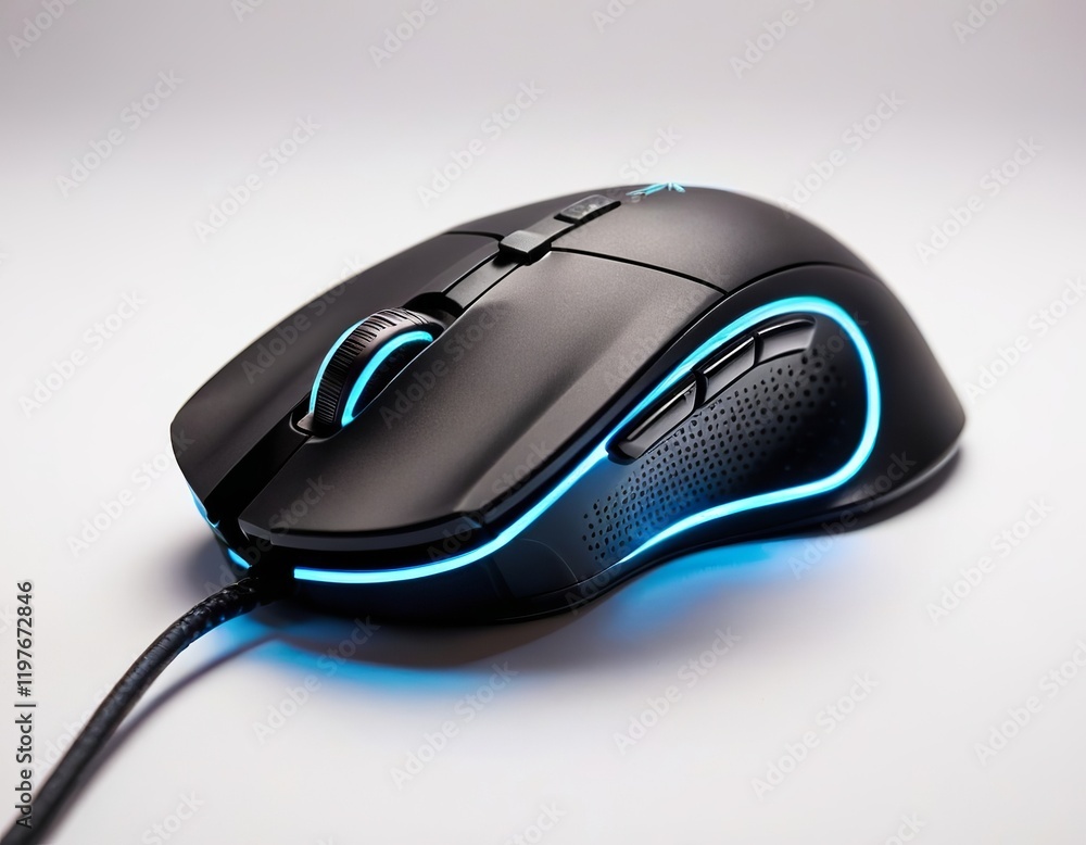 Sleek black gaming mouse with vibrant blue LED lighting, designed for modern gamers. Sleek black gaming mouse with vibrant blue LED lighting, designed for modern gamers.