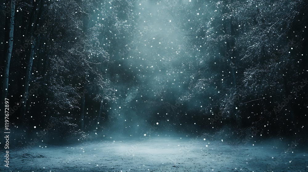 Snowfall in a dark, mysterious winter forest. Snowfall in a dark, mysterious winter forest.