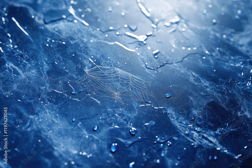 A delicate spiderweb rests on a cool, dark blue surface, glistening with water droplets. A delicate spiderweb rests on a cool, dark blue surface, glistening with water droplets.