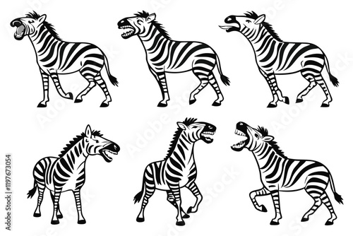 angry zebra vector bundle, silhouette clipart, black and white illustration