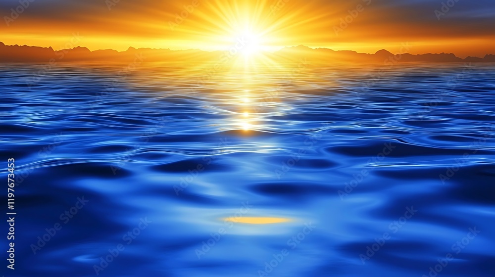 Obraz premium Golden Horizon: A radiant sun bursts forth over a vast expanse of tranquil water, creating a breathtaking scene of light and reflection.