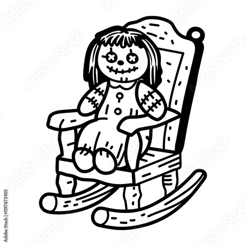 A sketchy icon of an evil doll sitting on a rocking chair