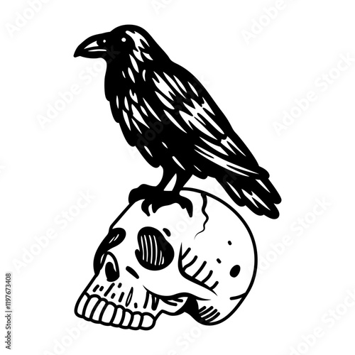 Raven skull icon in hand drawn style