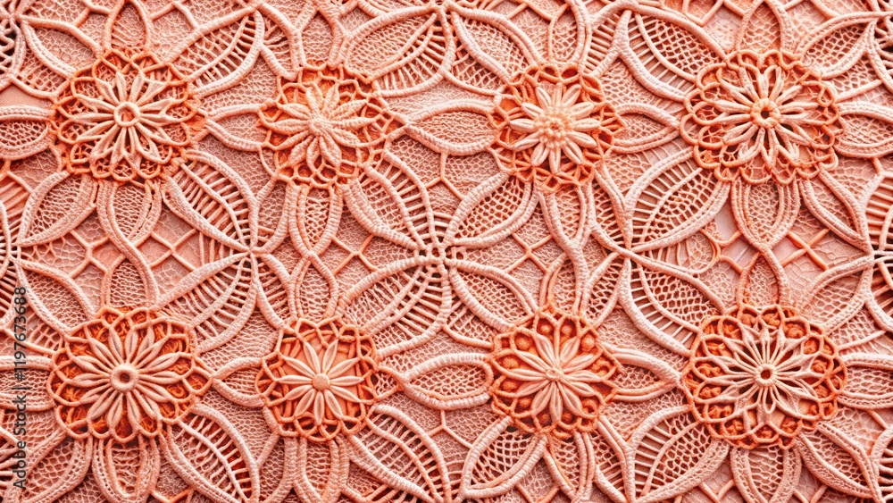 Abstract geometric floral fabric in peach coral; linear, lacy pattern, architectural photographic influence. Abstract geometric floral fabric in peach coral; linear, lacy pattern, architectural photographic influence.