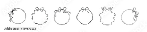 Set of whimsical wavy ribbon circle frames with bows. Cute line doodle drawings. Round hand drawn vintage border for wedding, birthday, Christmas, menu design and cards. Coquette flirting girly style