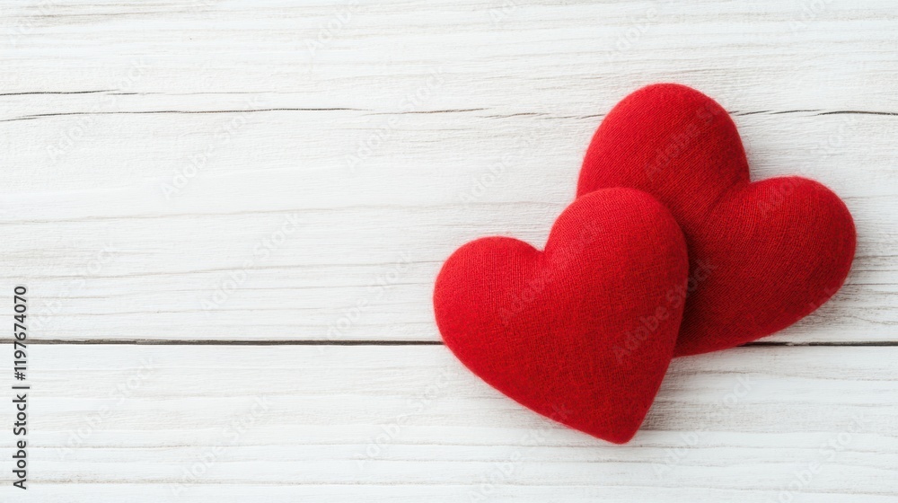 Two vibrant red hearts rest gently on a rustic white wooden surface, symbolizing love and connection in a serene and enchanting atmosphere. Two vibrant red hearts rest gently on a rustic white wooden surface, symbolizing love and connection in a serene and enchanting atmosphere.