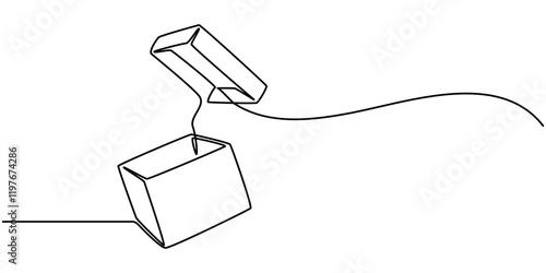 one line drawing continuous design of opened gift box isolated on white background, Continuous one line drawing of cardboard boxes. Simple Stack of cardboard boxes line art vector illustration. pro. 