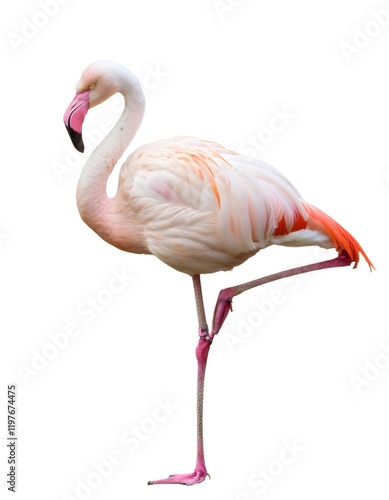 Pink flamingo balancing on single leg, displaying sleek plumage against pristine white backdrop, highlighting natural elegance photo